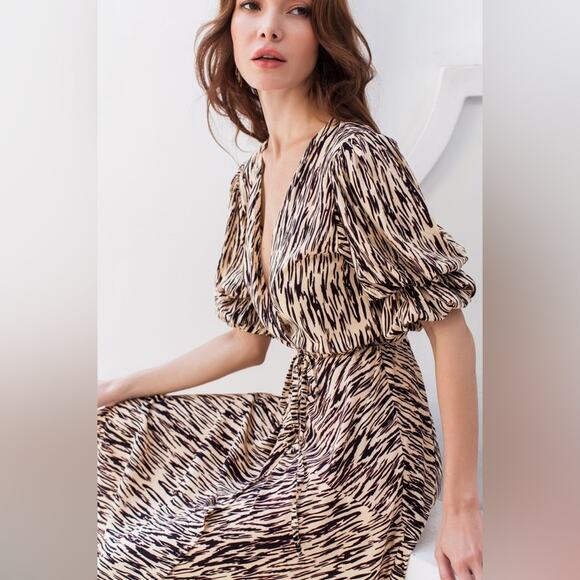 ELF Made by Hand Set Sail Wrap Dress Midi Puff Sleeves Size Large Tan Brown - Picture 2 of 16